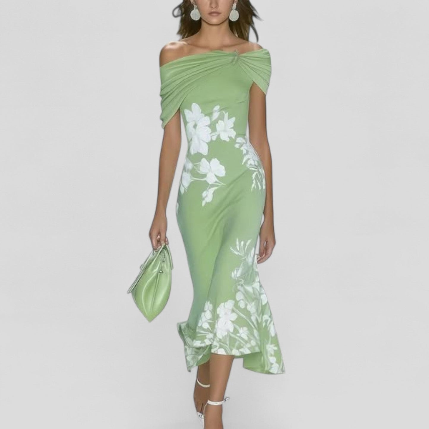 Floral Draped Fitted Asymmetric Flared Dress