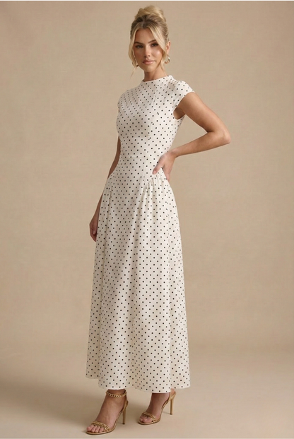 Polka Dot Polished Cap Sleeve Long Dress