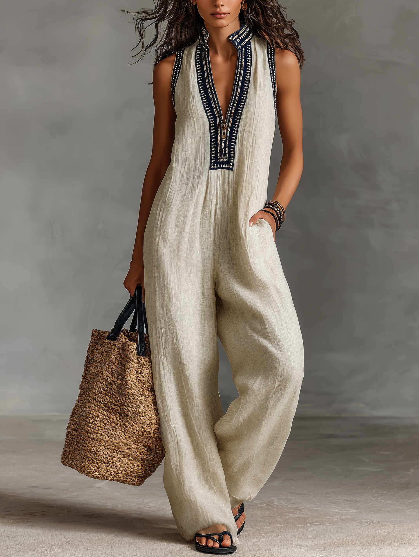 Embroidered Neckline Sleeveless Wide Leg Jumpsuit