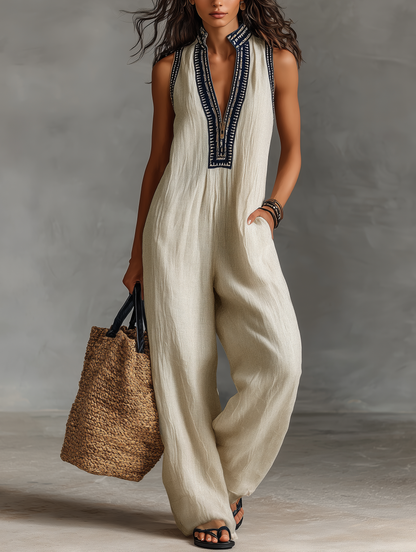 Embroidered Neckline Sleeveless Wide Leg Jumpsuit