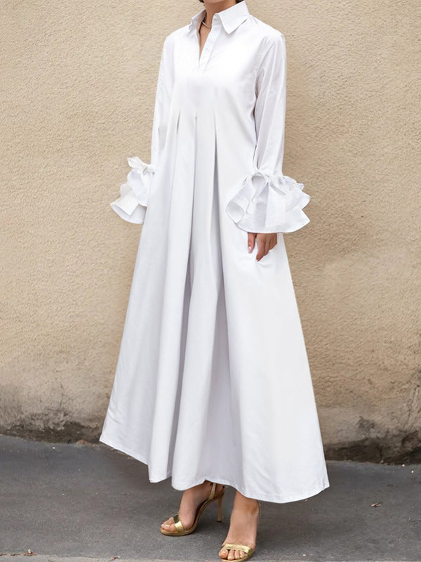 Collared Ruffled Pleated Maxi Loose Flared Dress