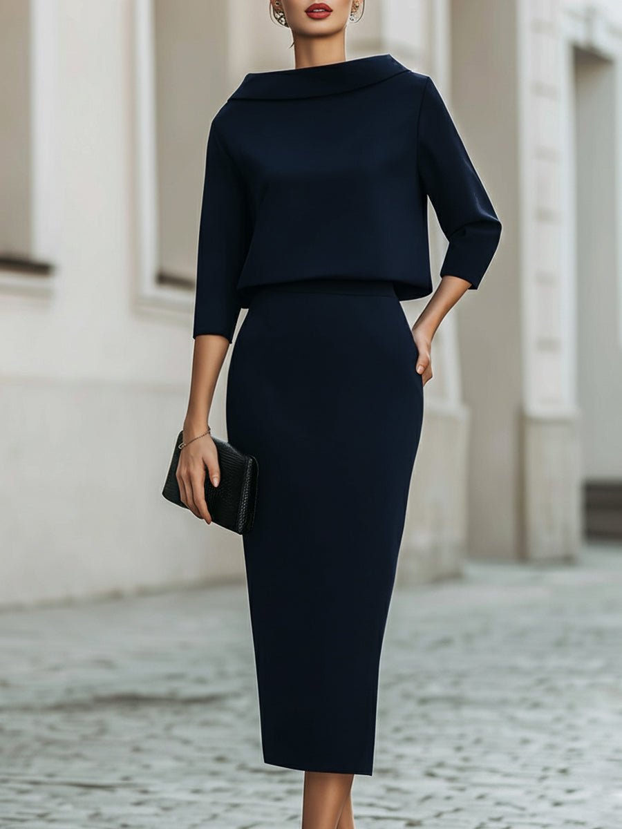 Fitted Boat Neck Three Quarter Sleeve Midi Set