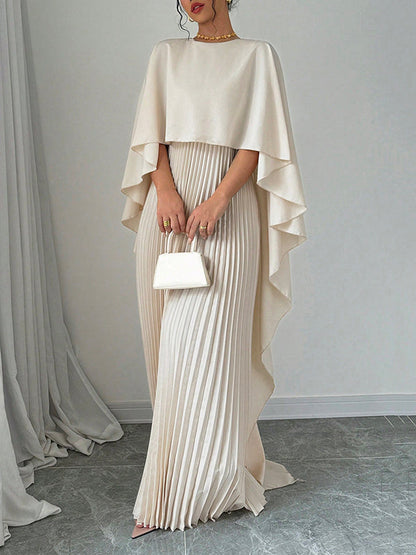 Cape Layered Pleated Round High Maxi Dress