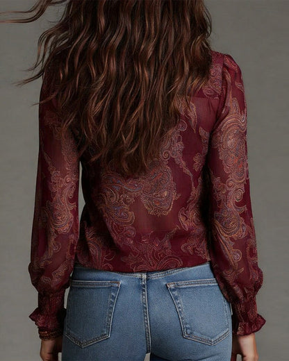 Women's V-Neck Ruffle Sleeve Paisley Print Blouse
