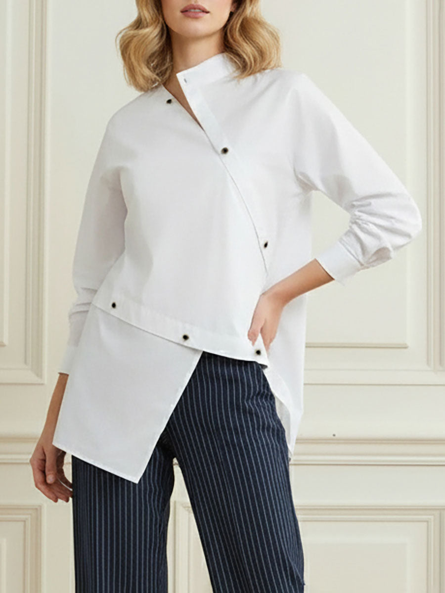 Asymmetric Buttoned Mock Neck Long Sleeve Blouse