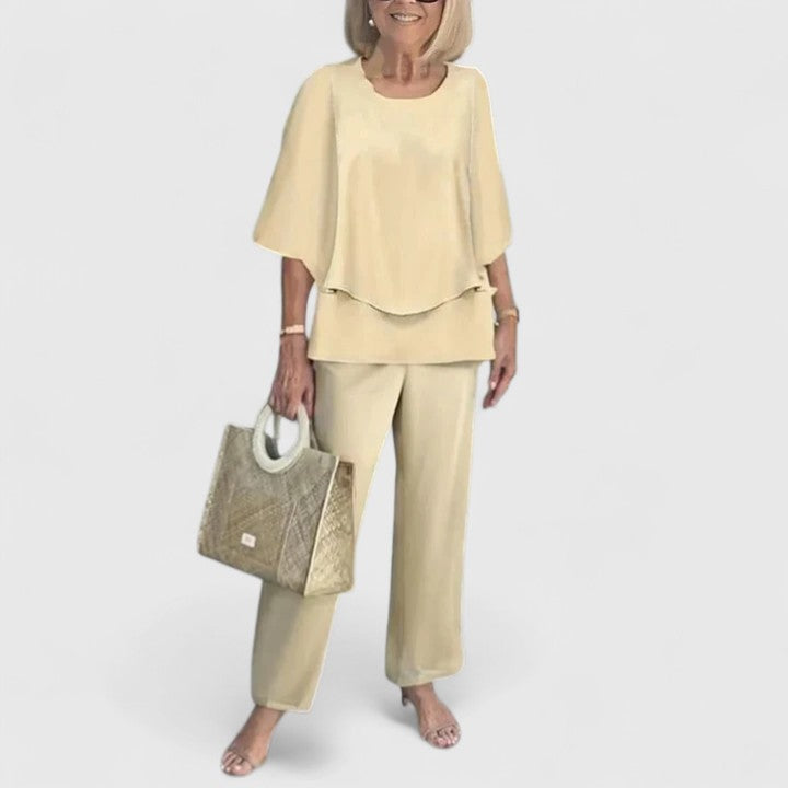 Layered Round Neck Batwing Sleeve Top Straight Leg Set