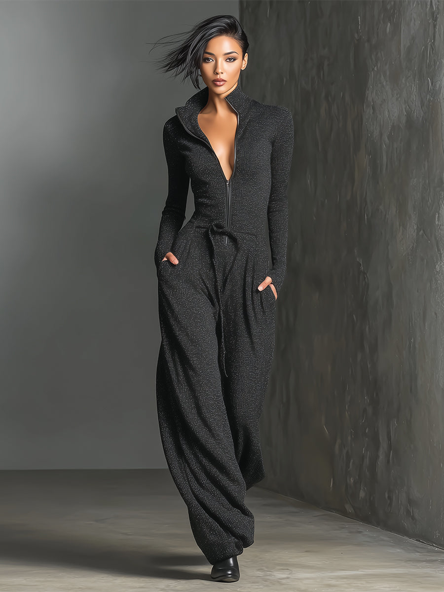 Zippered High Neck Long Sleeve Wide Leg Jumpsuit