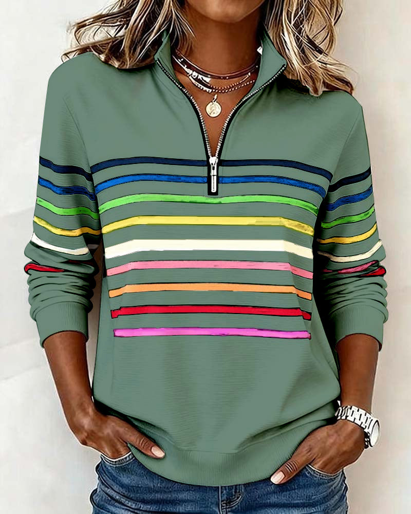 Women's Polo Collar Half Zip Striped Sweatshirt