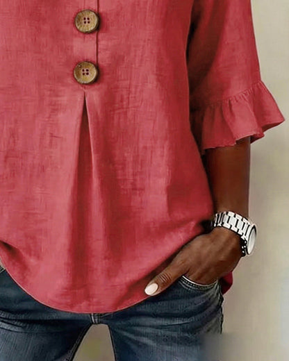 V Neck Button Detail Ruffle Sleeve Top