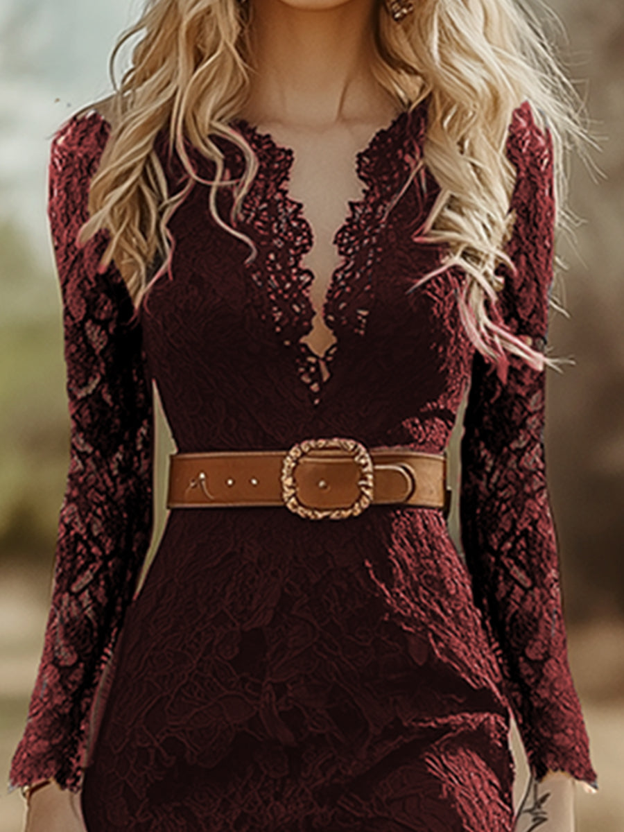 Plunging Scalloped Fitted Long Asymmetric Maxi Dress