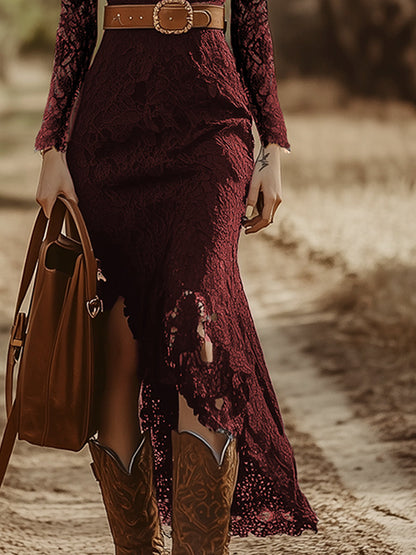 Plunging Scalloped Fitted Long Asymmetric Maxi Dress