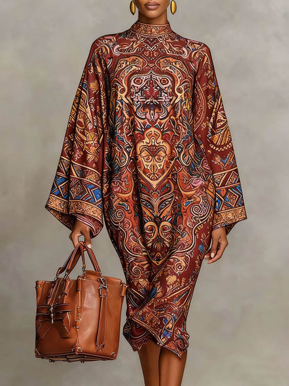 Long Sleeve Loose Mock Neck Midi Dress
