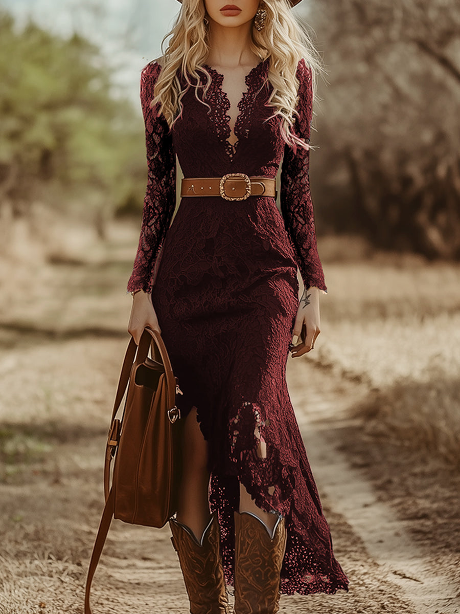 Plunging Scalloped Fitted Long Asymmetric Maxi Dress