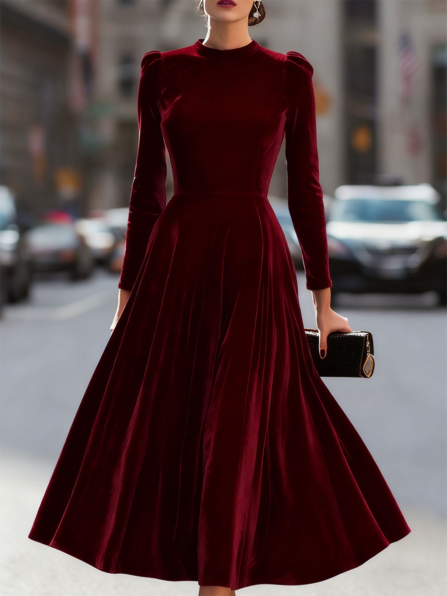 Round Neck Puff Sleeve A Line Dress