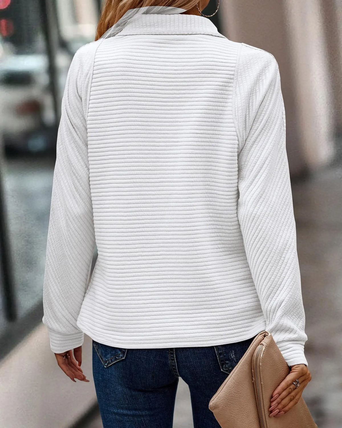 Collared Zip-Up Ribbed Quarter-Zip Sweater For Women