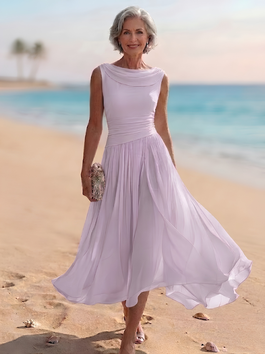 Draped Neck Sleeveless Pleated A-Line Wedding Guest Midi Dress