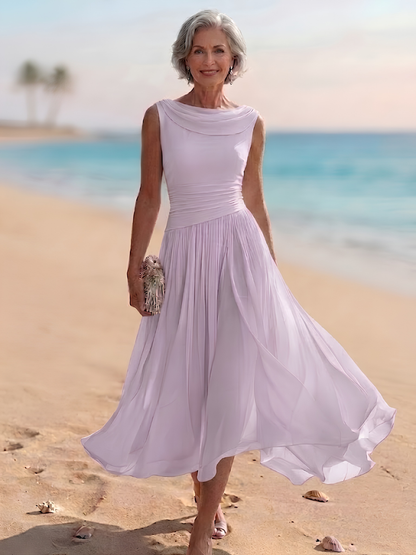 Draped Neck Sleeveless Pleated A-Line Wedding Guest Midi Dress