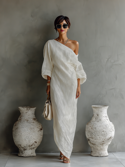 Off Shoulder Puff Sleeve Straight Dress