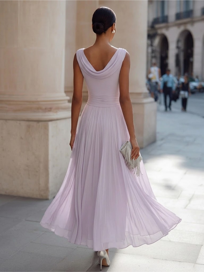 Draped Neck Sleeveless Pleated Midi Dress