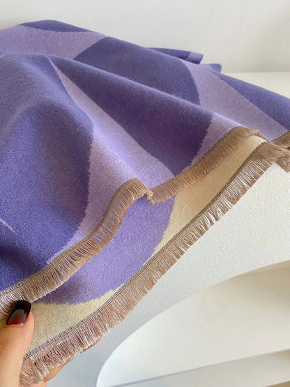 Geometric Curved Fringed Rectangular Long Scarf