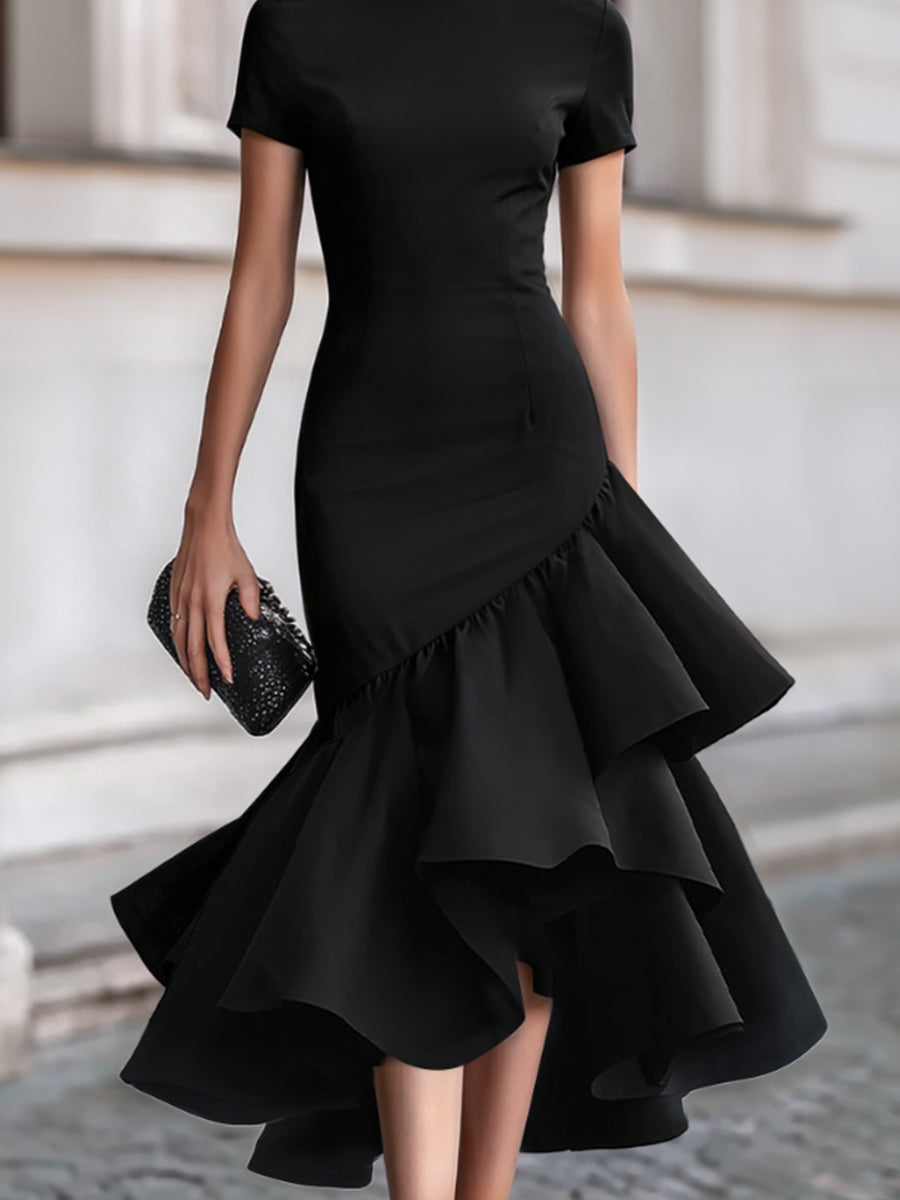 Fitted Crew Neck Short Sleeve Ruffled Asymmetric Dress