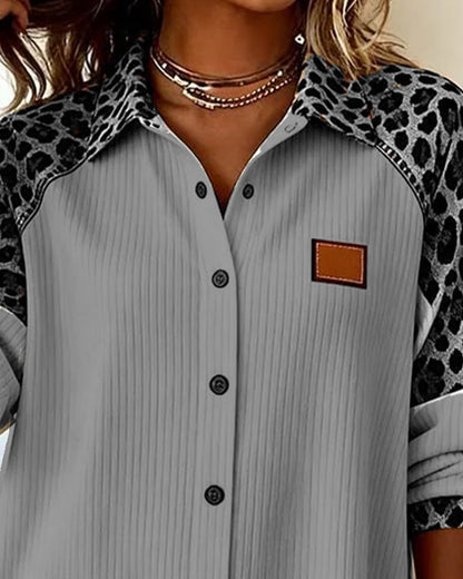Women's Point Collar Long Sleeve Leopard Print Relaxed Fit Shirt