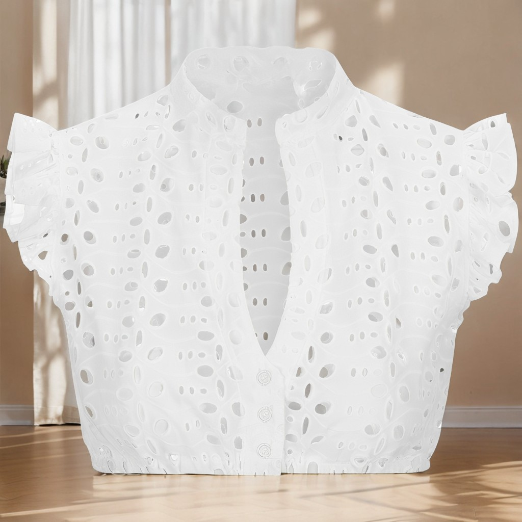 Women's Mandarin Collar Ruffle Cap Sleeve Blouse