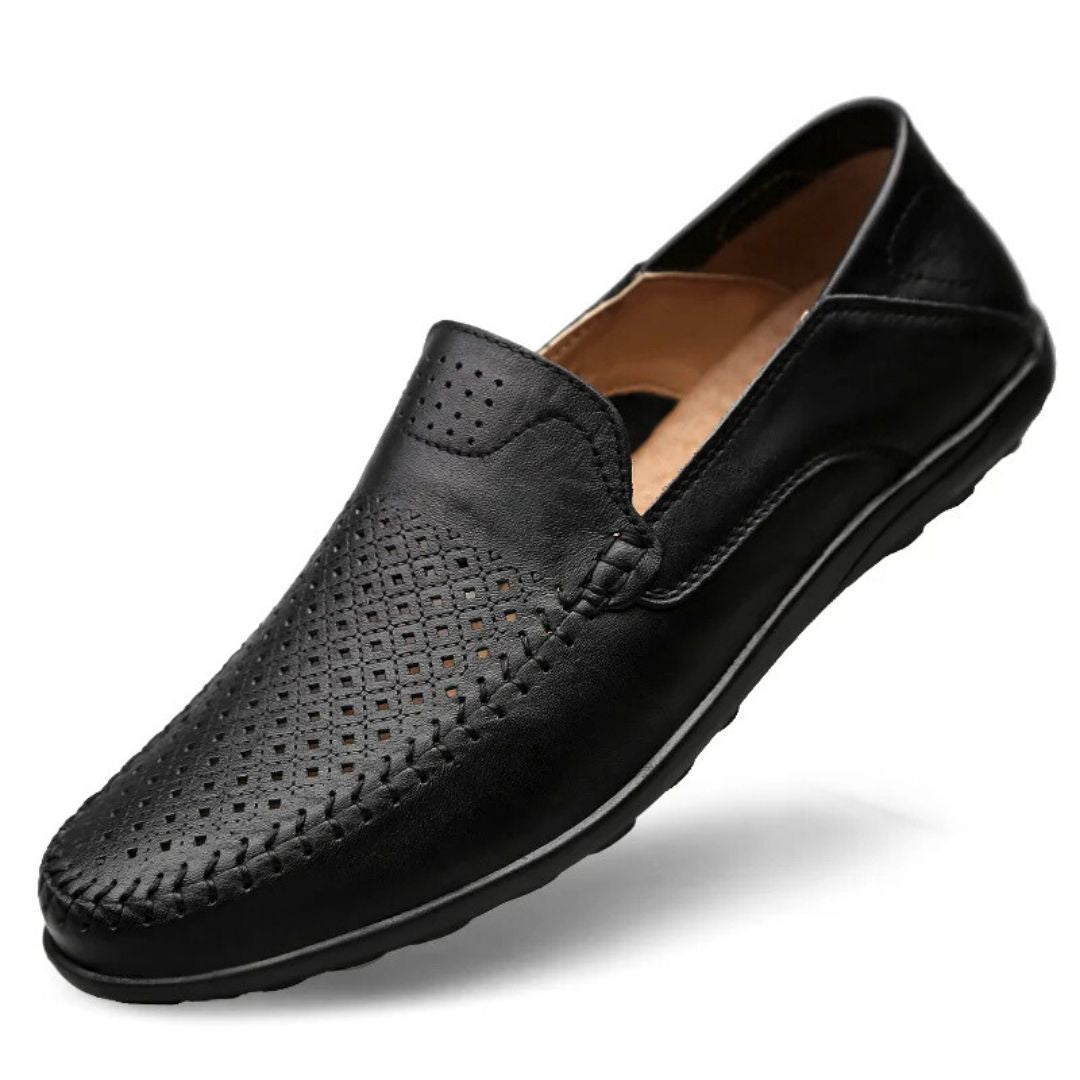 Perforated Stitched Paneled Low Flat Slip On Loafer
