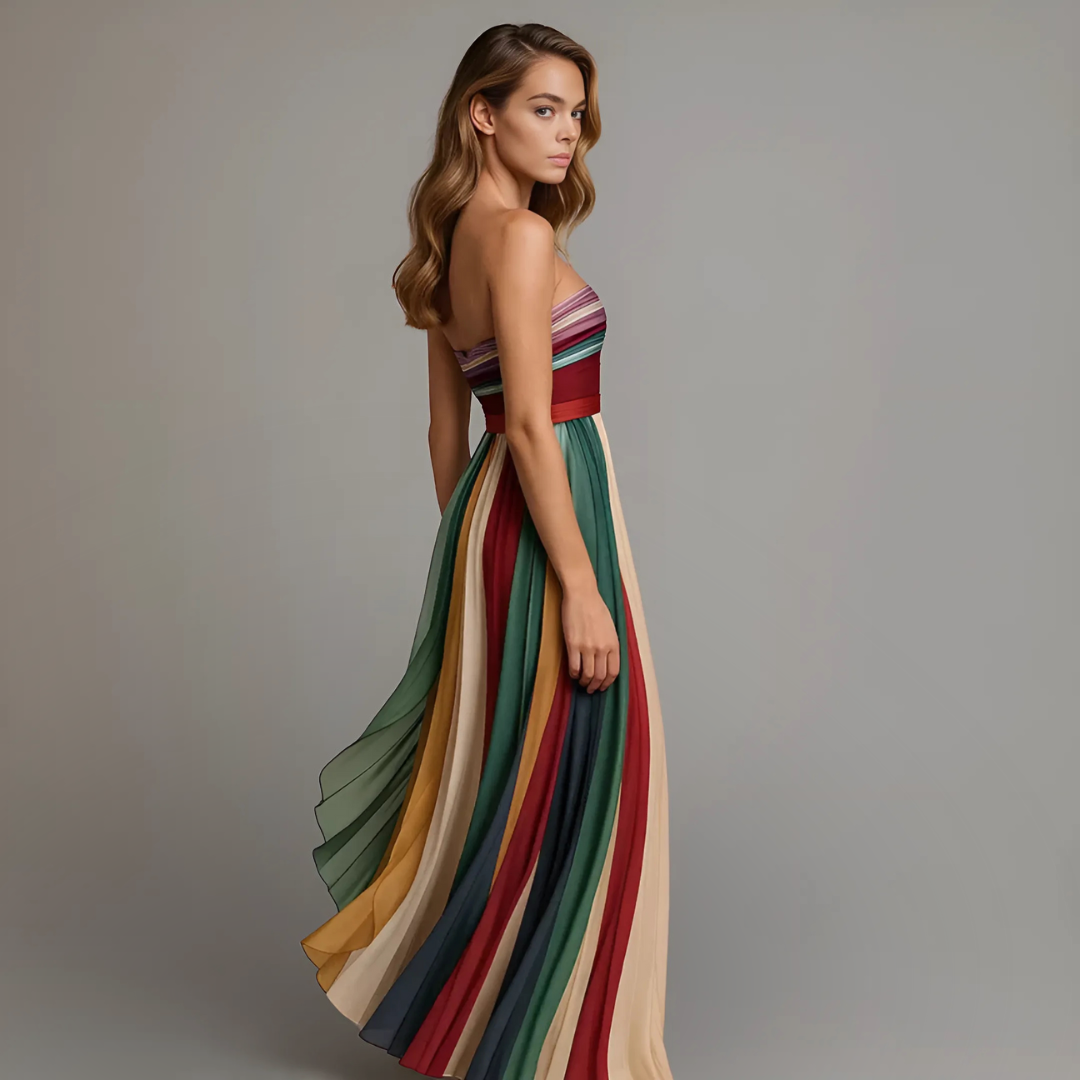 Strapless Pleated Striped Maxi Dress