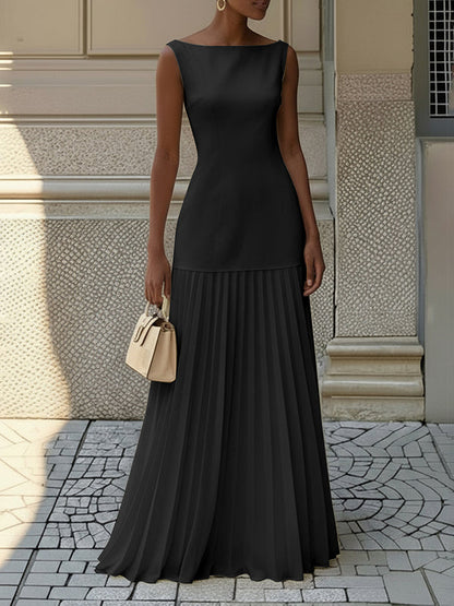 Pleated Sleeveless Boat Neck Maxi Drop Waist Dress