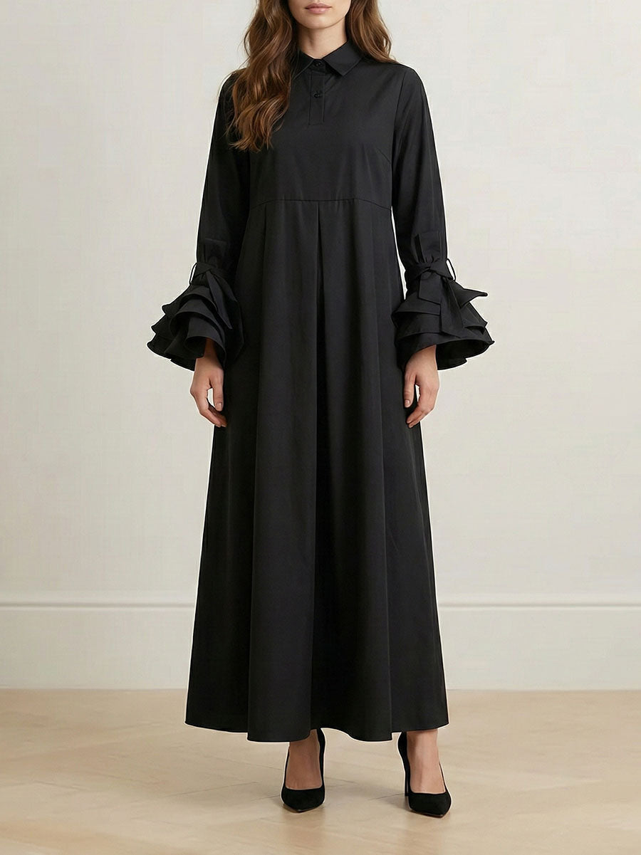 Collared Ruffled Pleated Maxi Loose Flared Dress