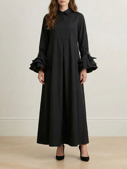 Collared Ruffled Pleated Maxi Loose Flared Dress