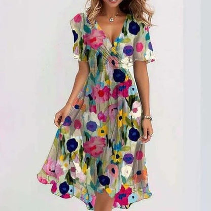 V Neck Short Sleeve Printed Dress