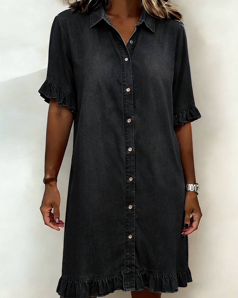 Short Sleeve Collared Button Front Ruffle Hem Dress