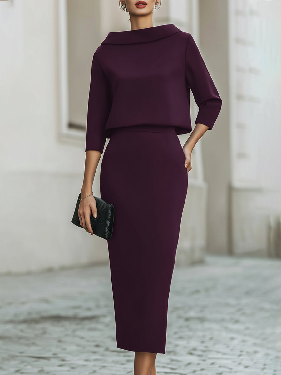 Fitted Boat Neck Three Quarter Sleeve Midi Set