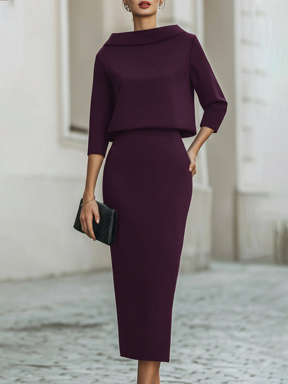 Fitted Boat Neck Three Quarter Sleeve Midi Set