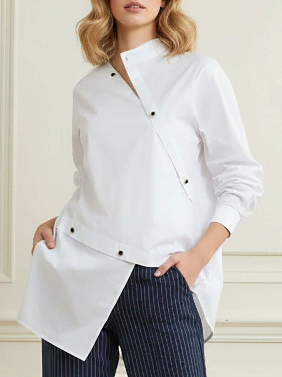 Asymmetric Buttoned Mock Neck Long Sleeve Blouse