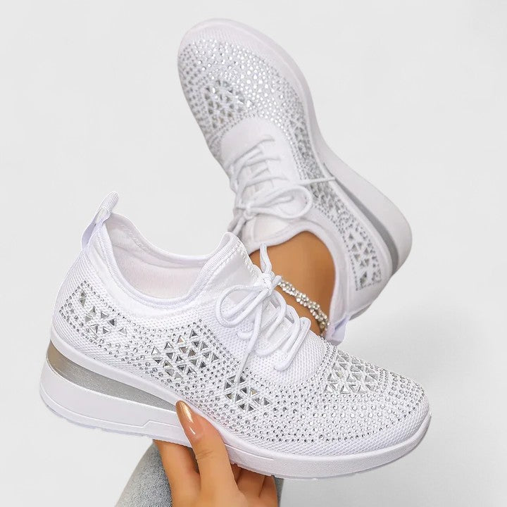 Rhinestone Mesh Lace-Up Wedge Sneakers