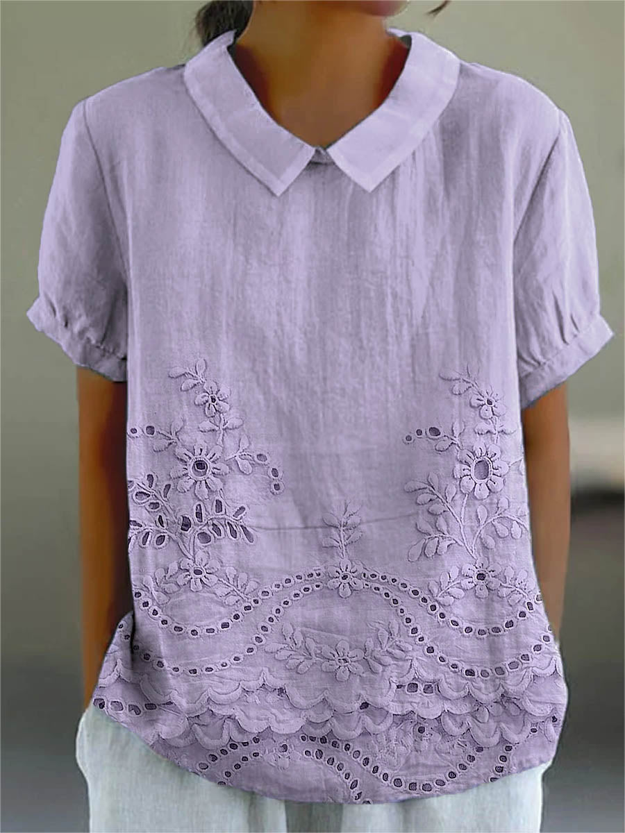 Embroidered Eyelet Scalloped Peter Pan Collar Shirt