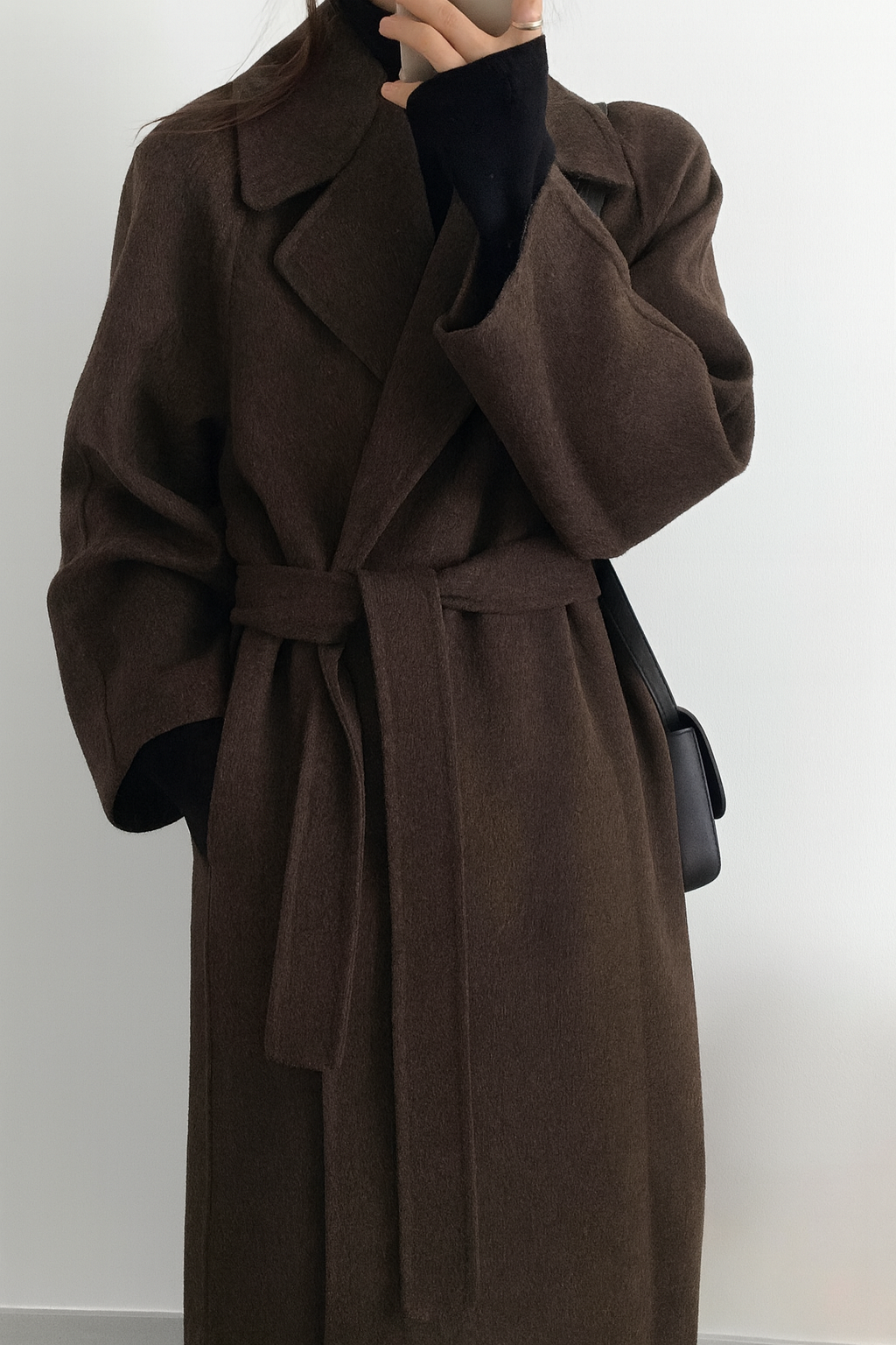 Notched Collar Belted Long Coat For Women