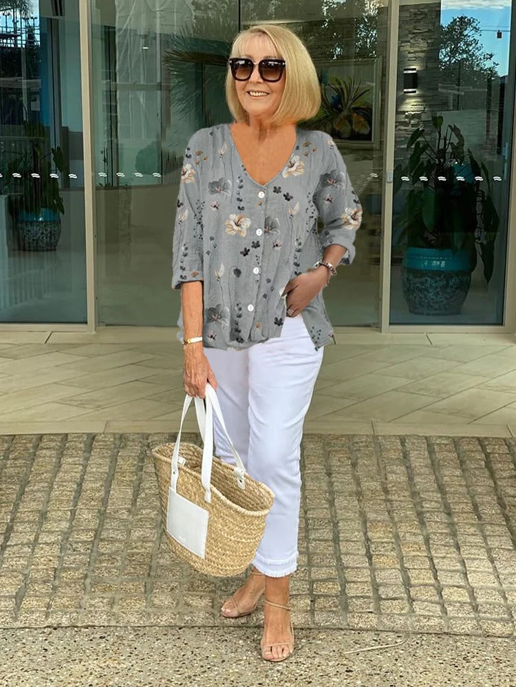 V Neck Floral Patterned Quarter Sleeve Blouse