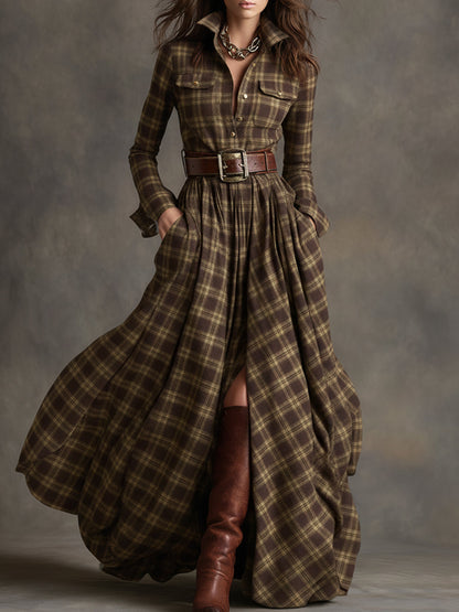 Collared Long Sleeved Plaid Pocketed Maxi Dress