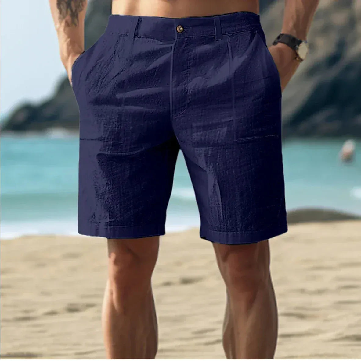 Textured Wide Straight Buttoned Pocketed Shorts