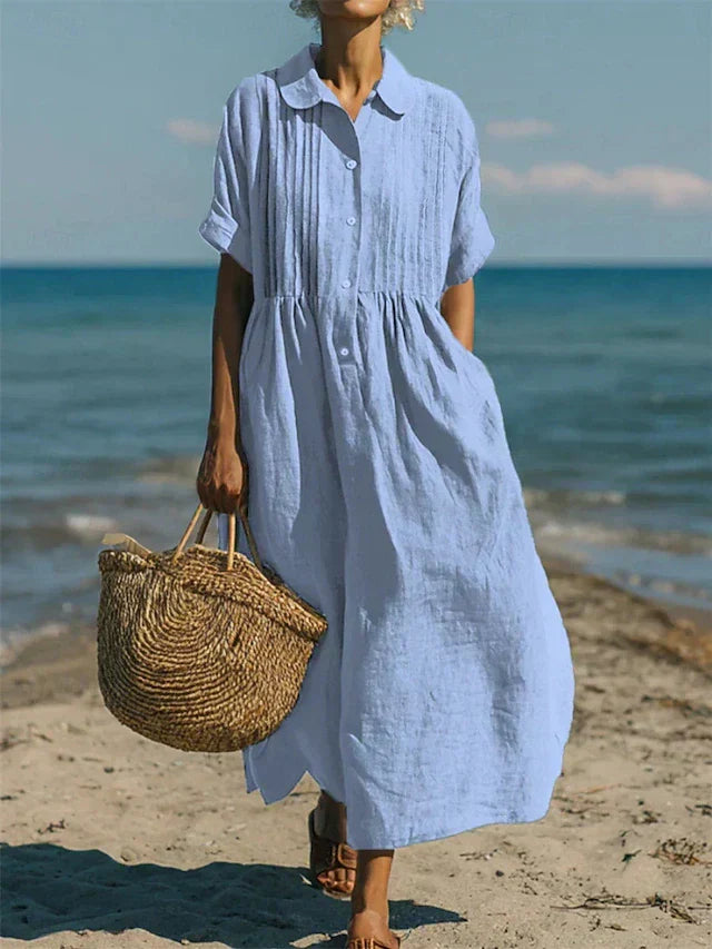 Collared Buttoned Pleated Gathered Loose Maxi Dress