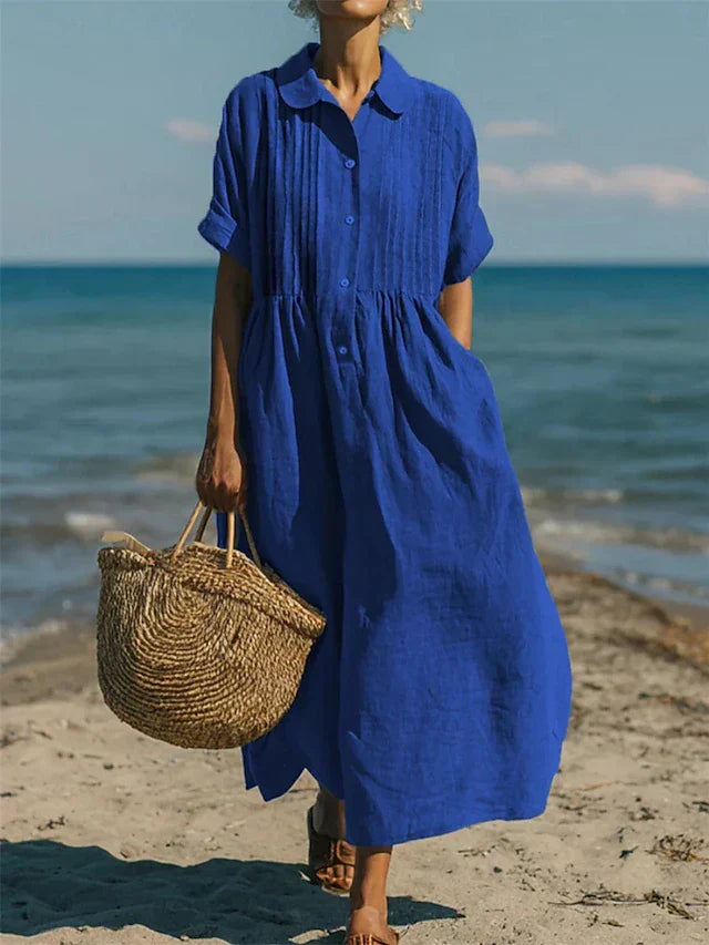 Collared Buttoned Pleated Gathered Loose Maxi Dress