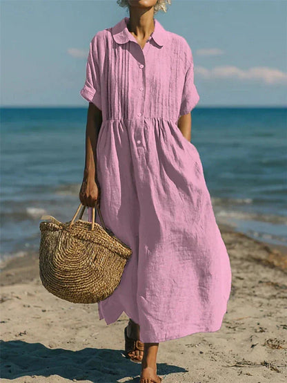 Collared Buttoned Pleated Gathered Loose Maxi Dress
