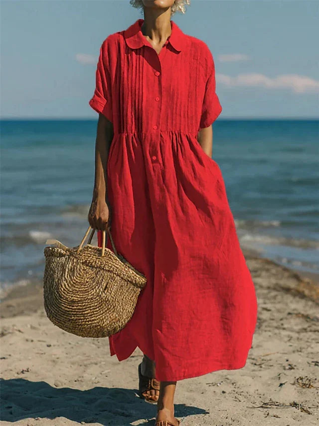 Collared Buttoned Pleated Gathered Loose Maxi Dress