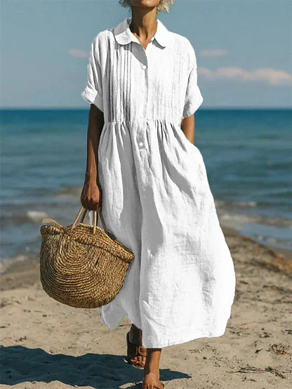 Collared Buttoned Pleated Gathered Loose Maxi Dress