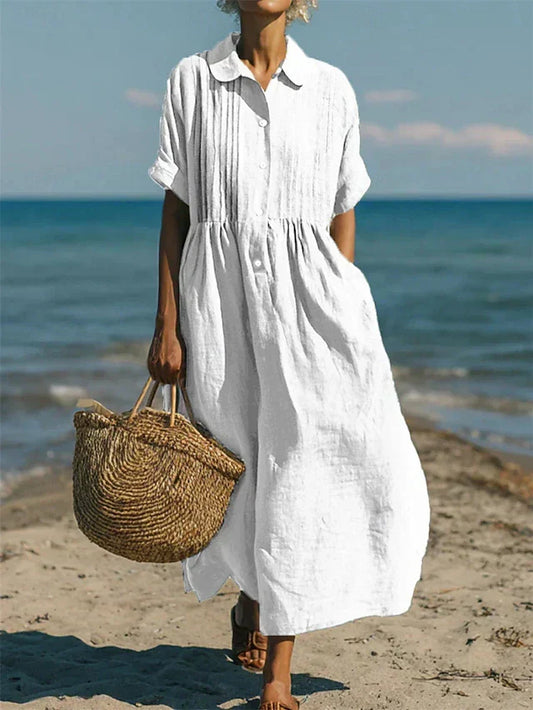 Collared Buttoned Pleated Gathered Loose Maxi Dress