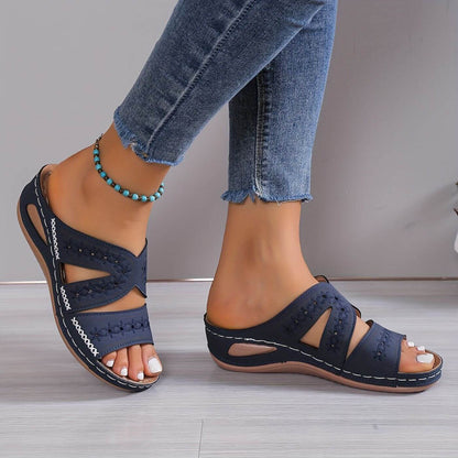 Open Toe Cutout Embroidered Wedge Sandals